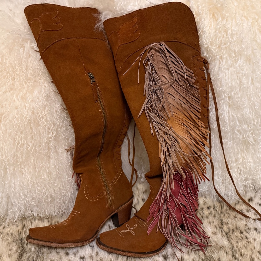 Lane Junk Gypsy Spirit Animal Fringe Over the Knee Boots - Brown and Red